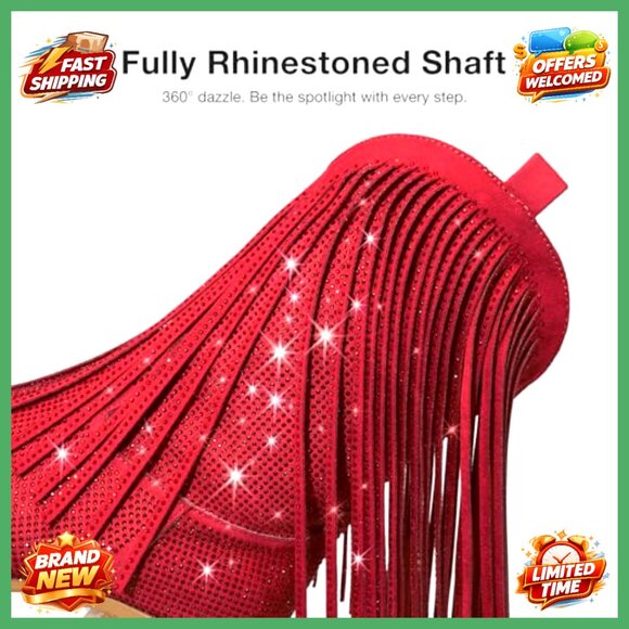 Rhinestone Cowboy Boots Sparkly Fringe Western Chunky Heel Pointed Toe - Picture 5 of 7